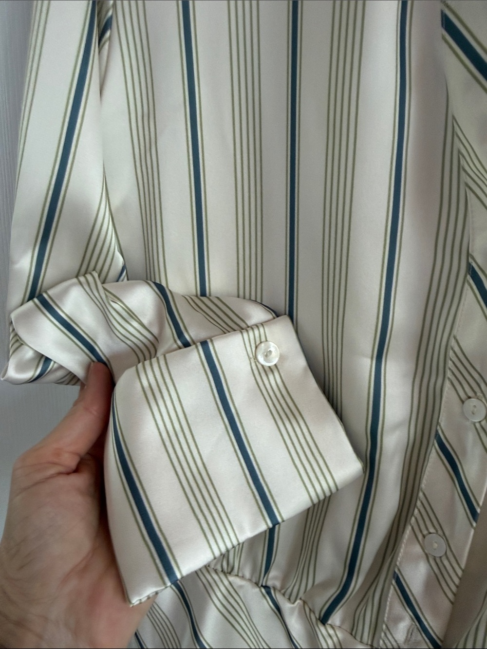 Zara Satin Stripe Shirt Dress Mini Ecru Green Long Sleeve Size M - Picture 8 of 12